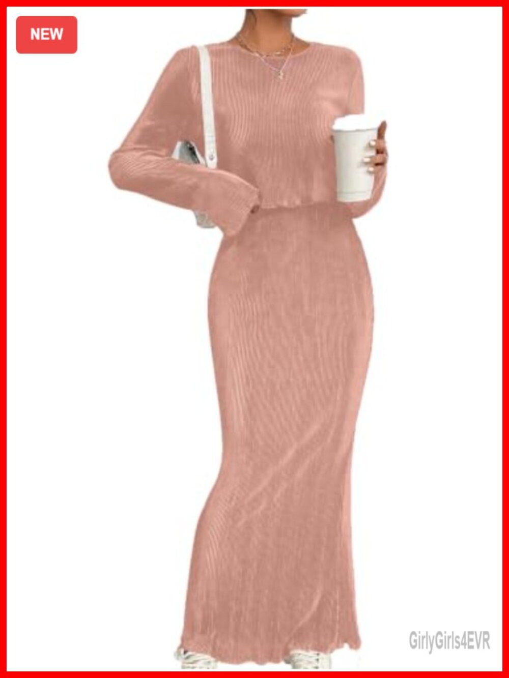 Ribbed 2 Piece Set Long Sleeve Top Maxi Skirt Outfit Women